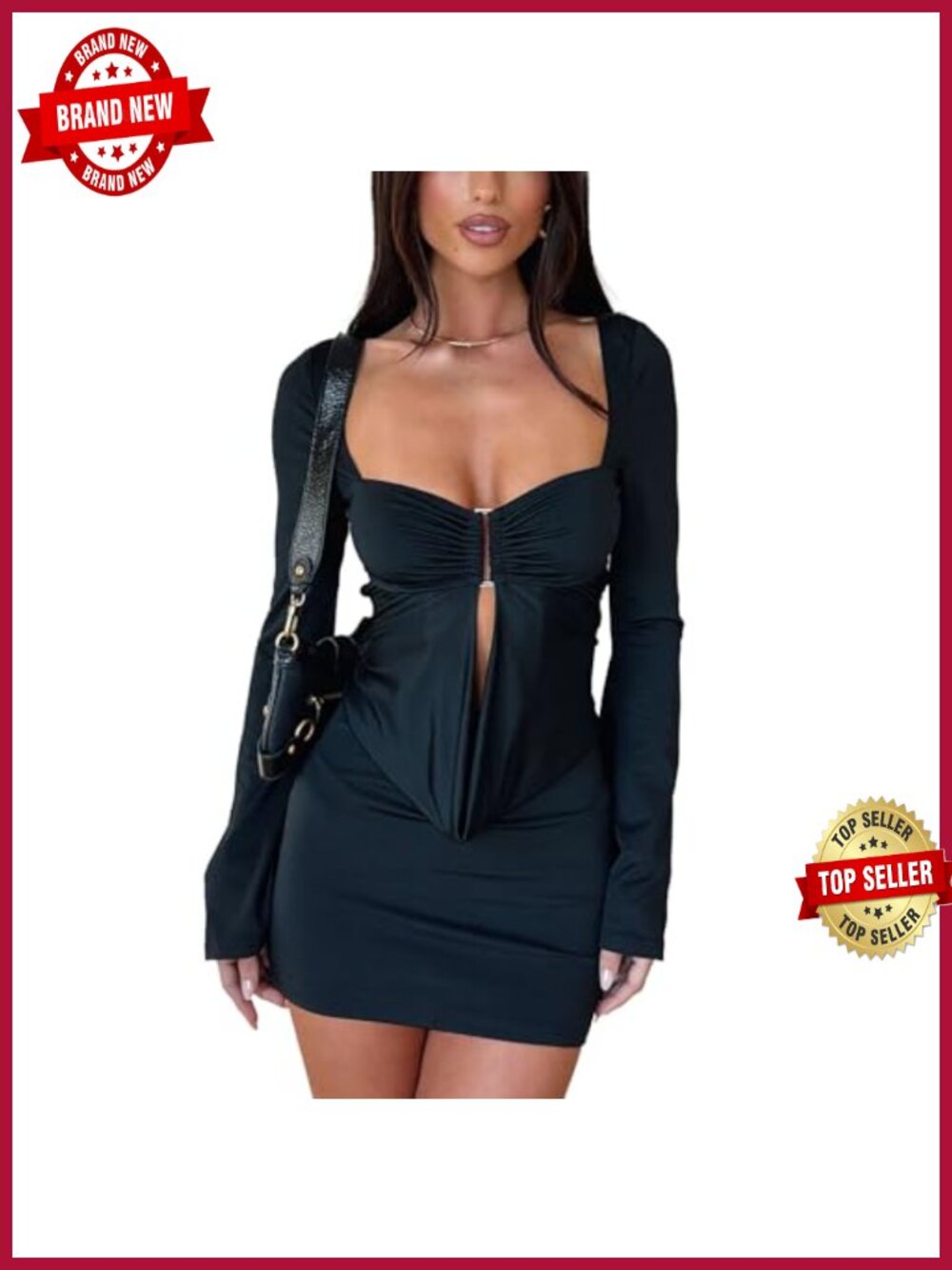 Sexy Bodycon Long Sleeve Mini Dress Square Neck Ruched Cutout Club Party